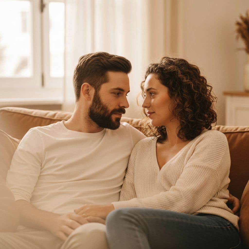 A happy couple having a deep conversation together